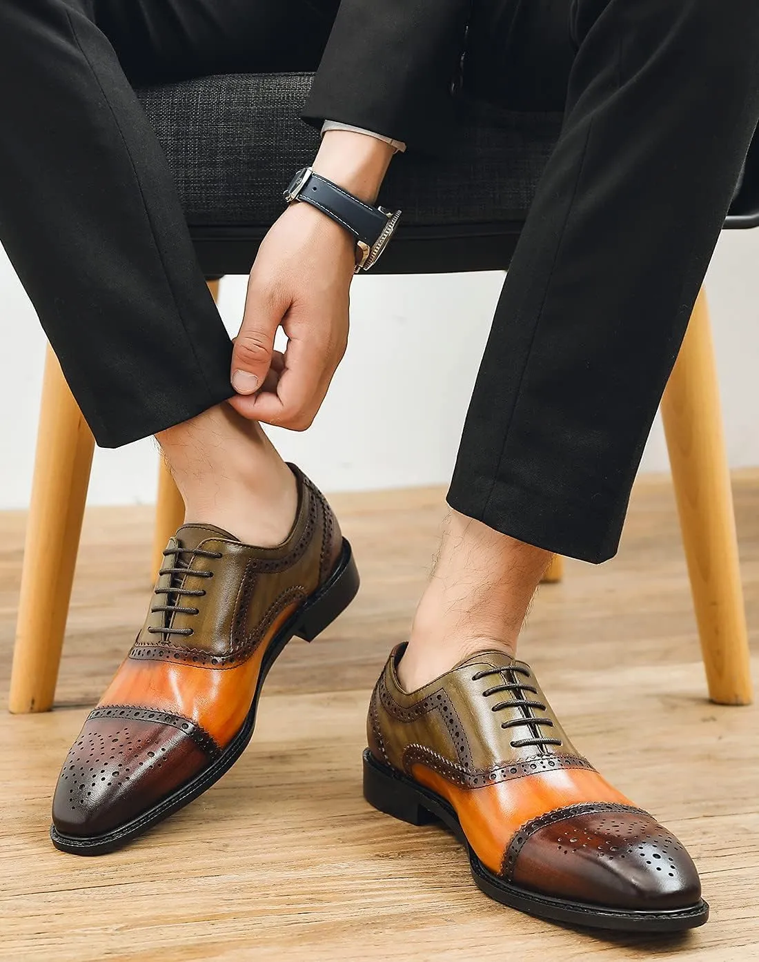 Santimon Men's Oxford Brogue Elegant Evening Business Wedding Derby Plain Toe Lace-up Classic Genuine Leather Casual Formal Shoes