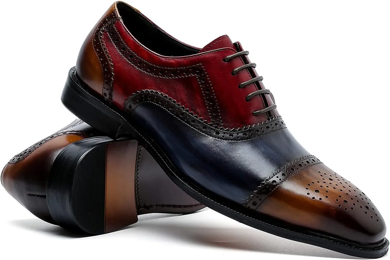 Santimon Men's Oxford Brogue Elegant Evening Business Wedding Derby Plain Toe Lace-up Classic Genuine Leather Casual Formal Shoes