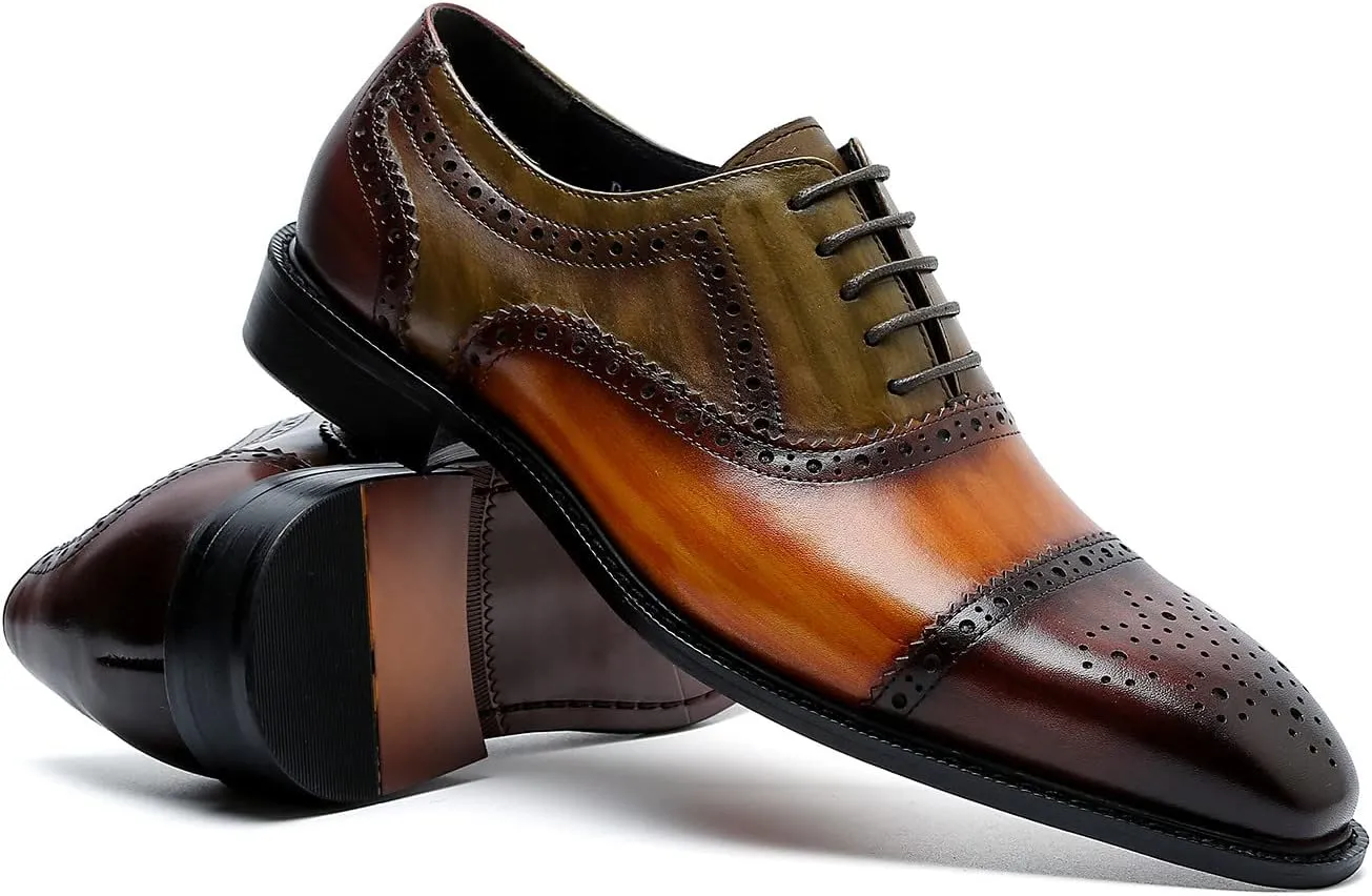 Santimon Men's Oxford Brogue Elegant Evening Business Wedding Derby Plain Toe Lace-up Classic Genuine Leather Casual Formal Shoes