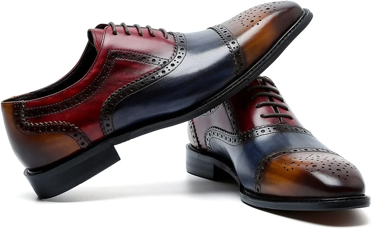 Santimon Men's Oxford Brogue Elegant Evening Business Wedding Derby Plain Toe Lace-up Classic Genuine Leather Casual Formal Shoes