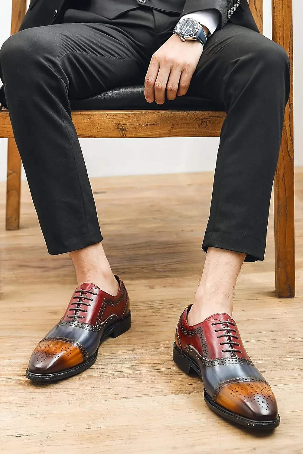 Santimon Men's Oxford Brogue Elegant Evening Business Wedding Derby Plain Toe Lace-up Classic Genuine Leather Casual Formal Shoes