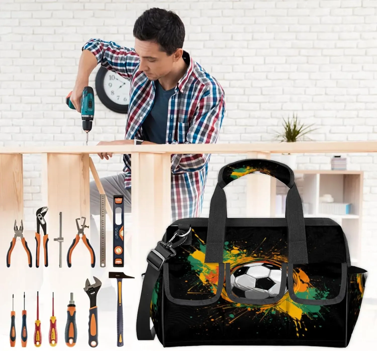 Soccer Football Heavy Duty Tool Bags for Men and Women 14.8 Inch, Soft Wide Mouth Tool Tote Organizer Bag with Adjustable Shoulder Strap