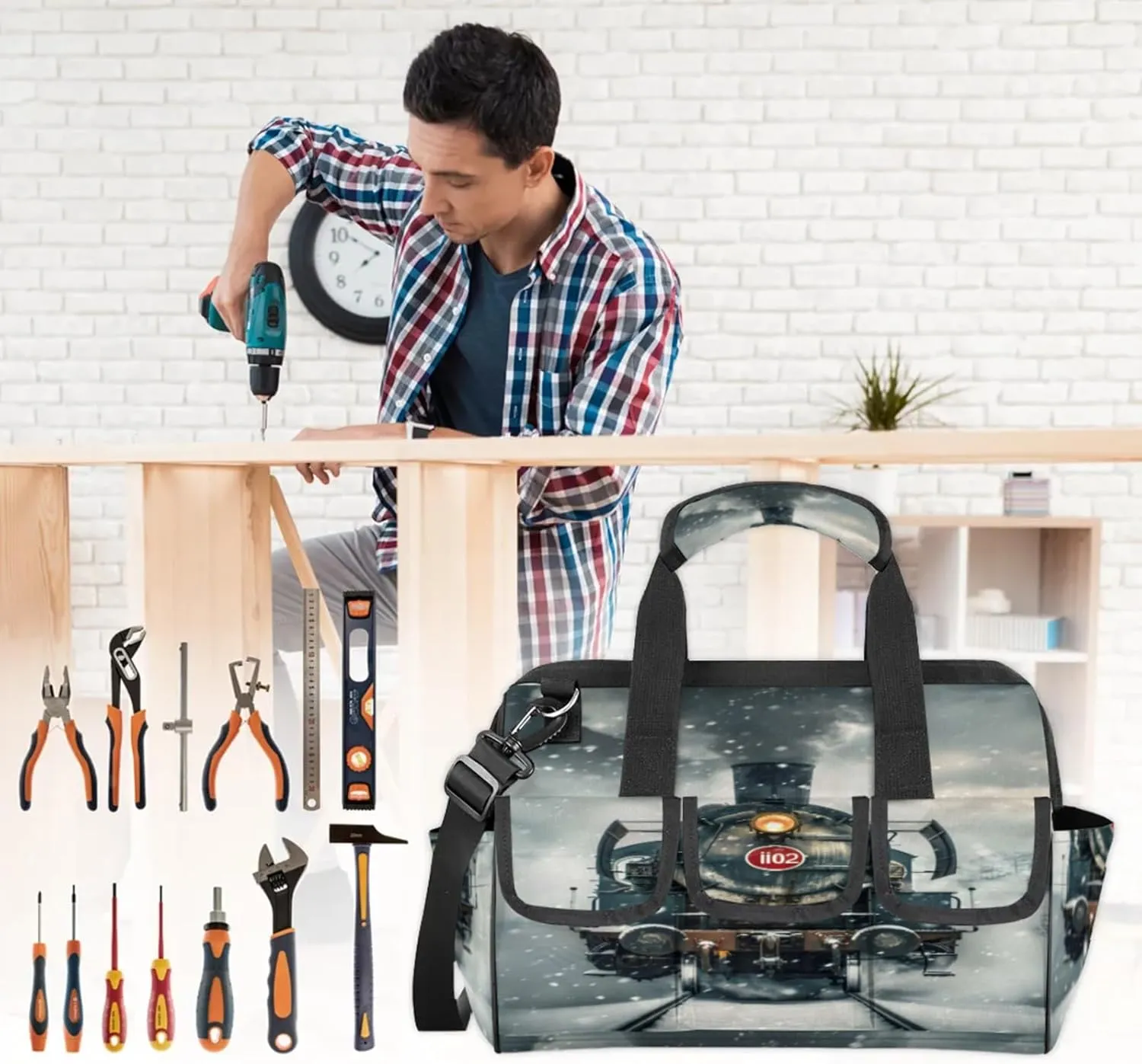 Steam Train Heavy Duty Tool Bags for Men and Women 14.8 Inch, Soft Wide Mouth Tool Tote Organizer Bag with Adjustable Shoulder Strap