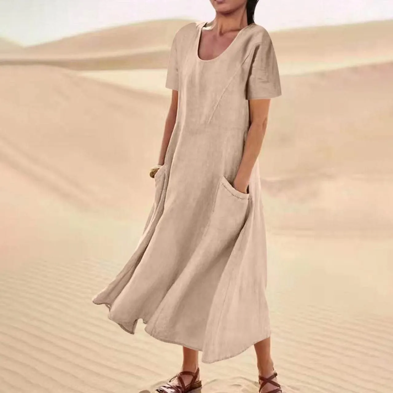 Summer Dresses for Women Cotton Linen Short Sleeve Ruffle Flowy Maxi Dress with Pockets Casual Elegant Sundress Party