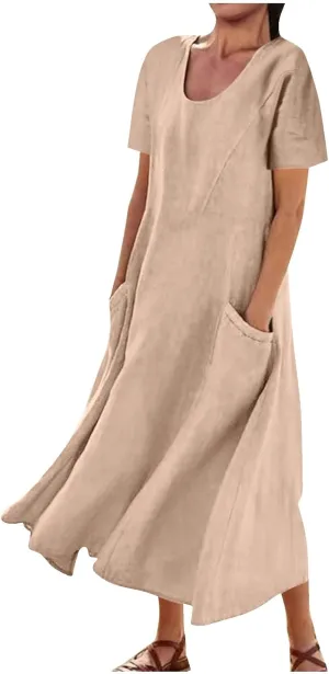 Summer Dresses for Women Cotton Linen Short Sleeve Ruffle Flowy Maxi Dress with Pockets Casual Elegant Sundress Party