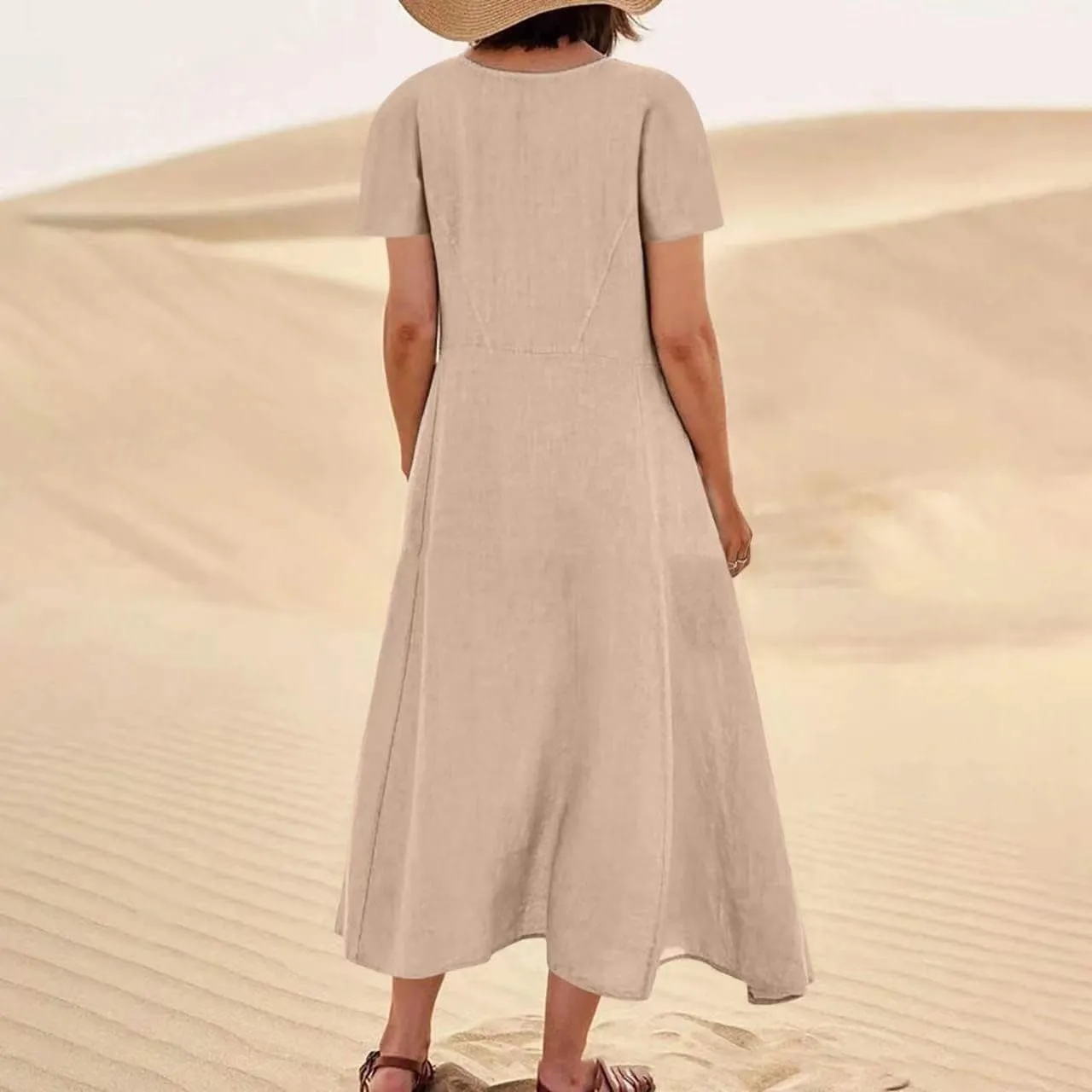 Summer Dresses for Women Cotton Linen Short Sleeve Ruffle Flowy Maxi Dress with Pockets Casual Elegant Sundress Party