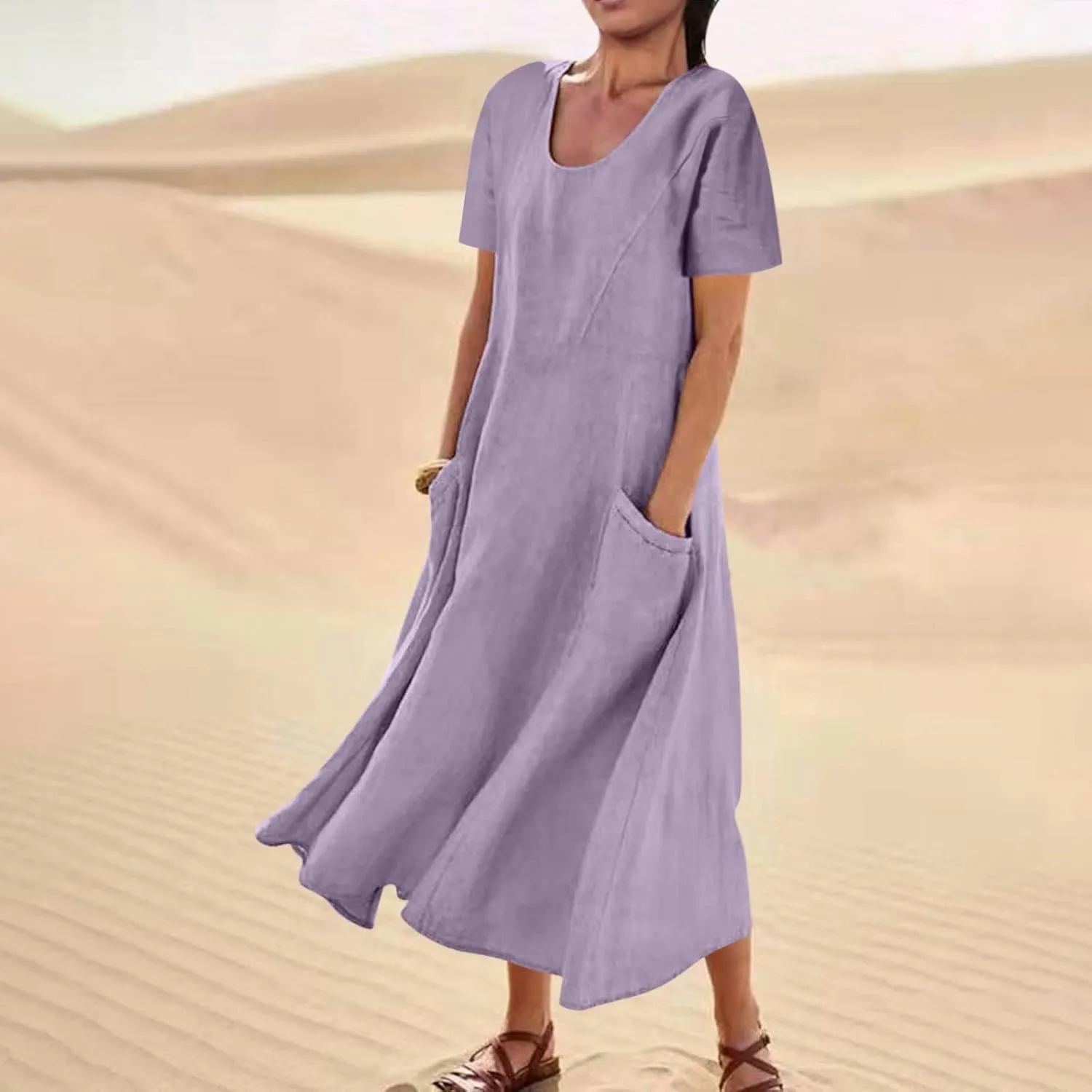 Summer Dresses for Women Cotton Linen Short Sleeve Ruffle Flowy Maxi Dress with Pockets Casual Elegant Sundress Party