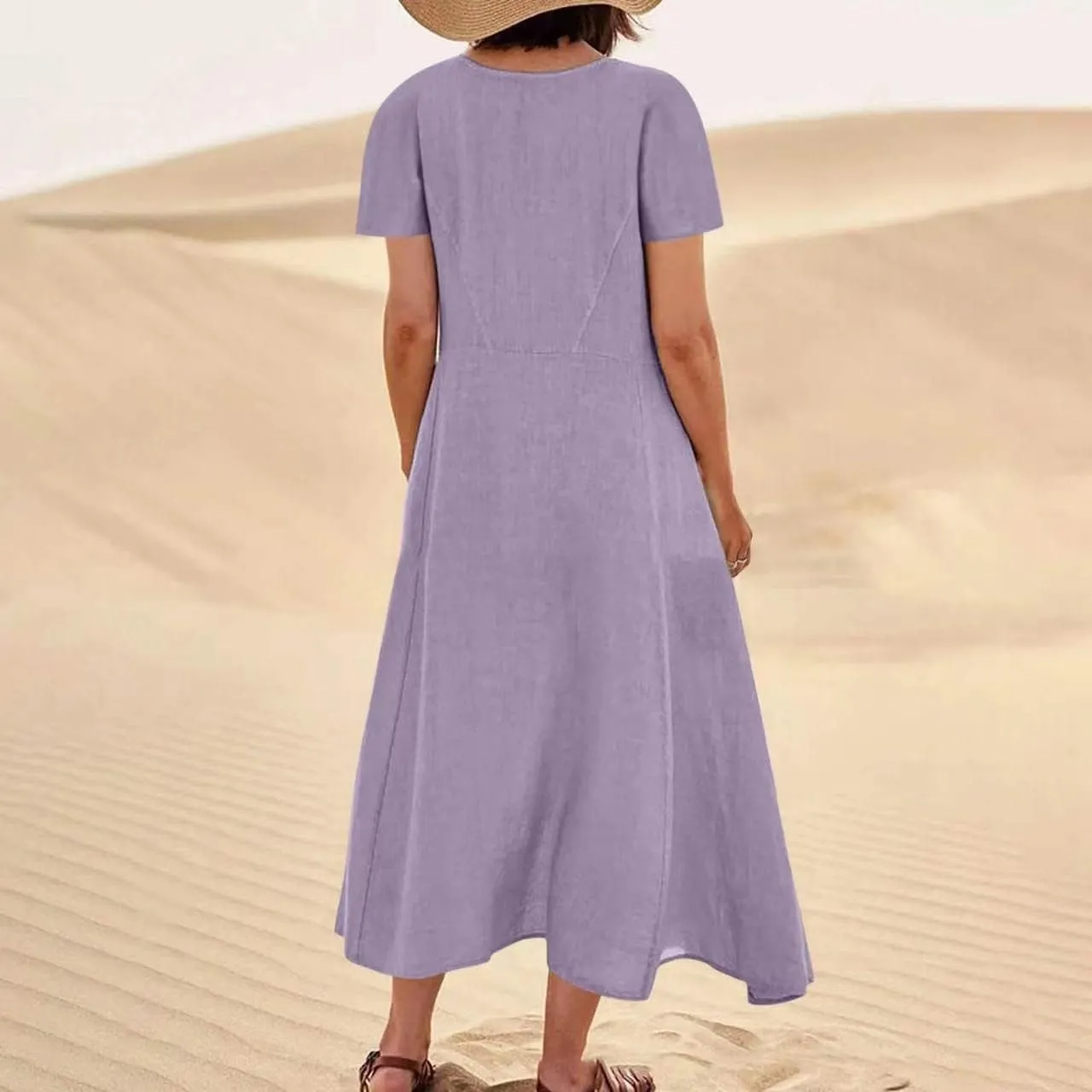 Summer Dresses for Women Cotton Linen Short Sleeve Ruffle Flowy Maxi Dress with Pockets Casual Elegant Sundress Party