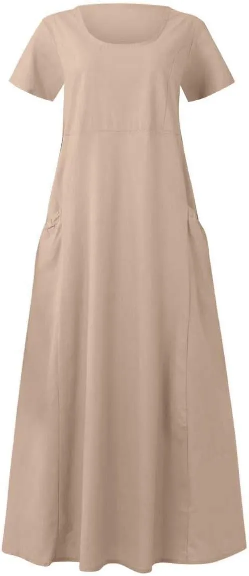 Summer Dresses for Women Cotton Linen Short Sleeve Ruffle Flowy Maxi Dress with Pockets Casual Elegant Sundress Party