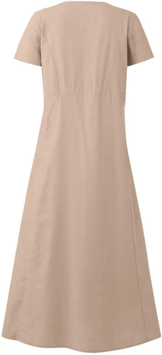 Summer Dresses for Women Cotton Linen Short Sleeve Ruffle Flowy Maxi Dress with Pockets Casual Elegant Sundress Party