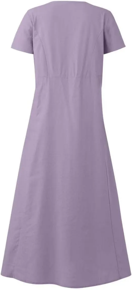 Summer Dresses for Women Cotton Linen Short Sleeve Ruffle Flowy Maxi Dress with Pockets Casual Elegant Sundress Party
