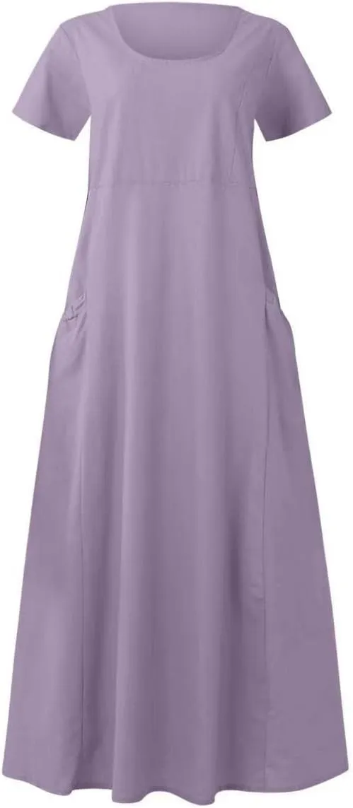 Summer Dresses for Women Cotton Linen Short Sleeve Ruffle Flowy Maxi Dress with Pockets Casual Elegant Sundress Party