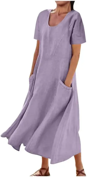 Summer Dresses for Women Cotton Linen Short Sleeve Ruffle Flowy Maxi Dress with Pockets Casual Elegant Sundress Party