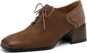 TinaCus Soft Genuine Leather Handmade Chunky Heels Women's Square Toe Lace Up Oxford Shoes