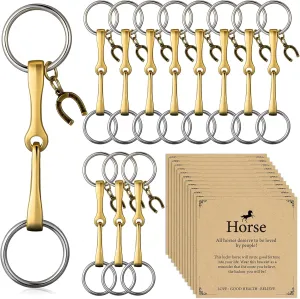 Tondiamo 12 Set Lucky Horseshoe Keychain Equestrian Gifts Horse Theme Gift Horse Bit Key Chain with Greeting Cards Snaffle Bit Purse Charm