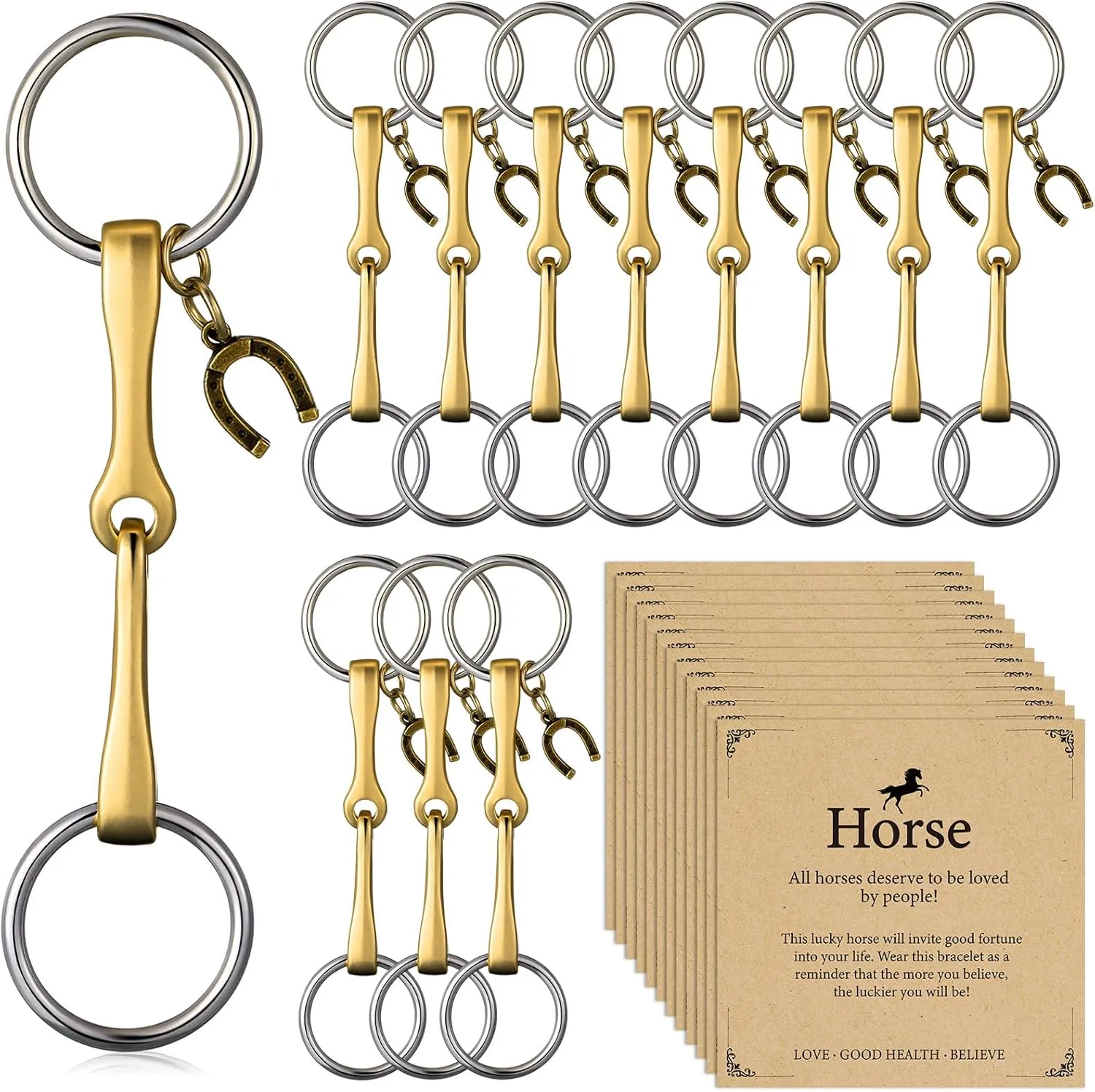 Tondiamo 12 Set Lucky Horseshoe Keychain Equestrian Gifts Horse Theme Gift Horse Bit Key Chain with Greeting Cards Snaffle Bit Purse Charm