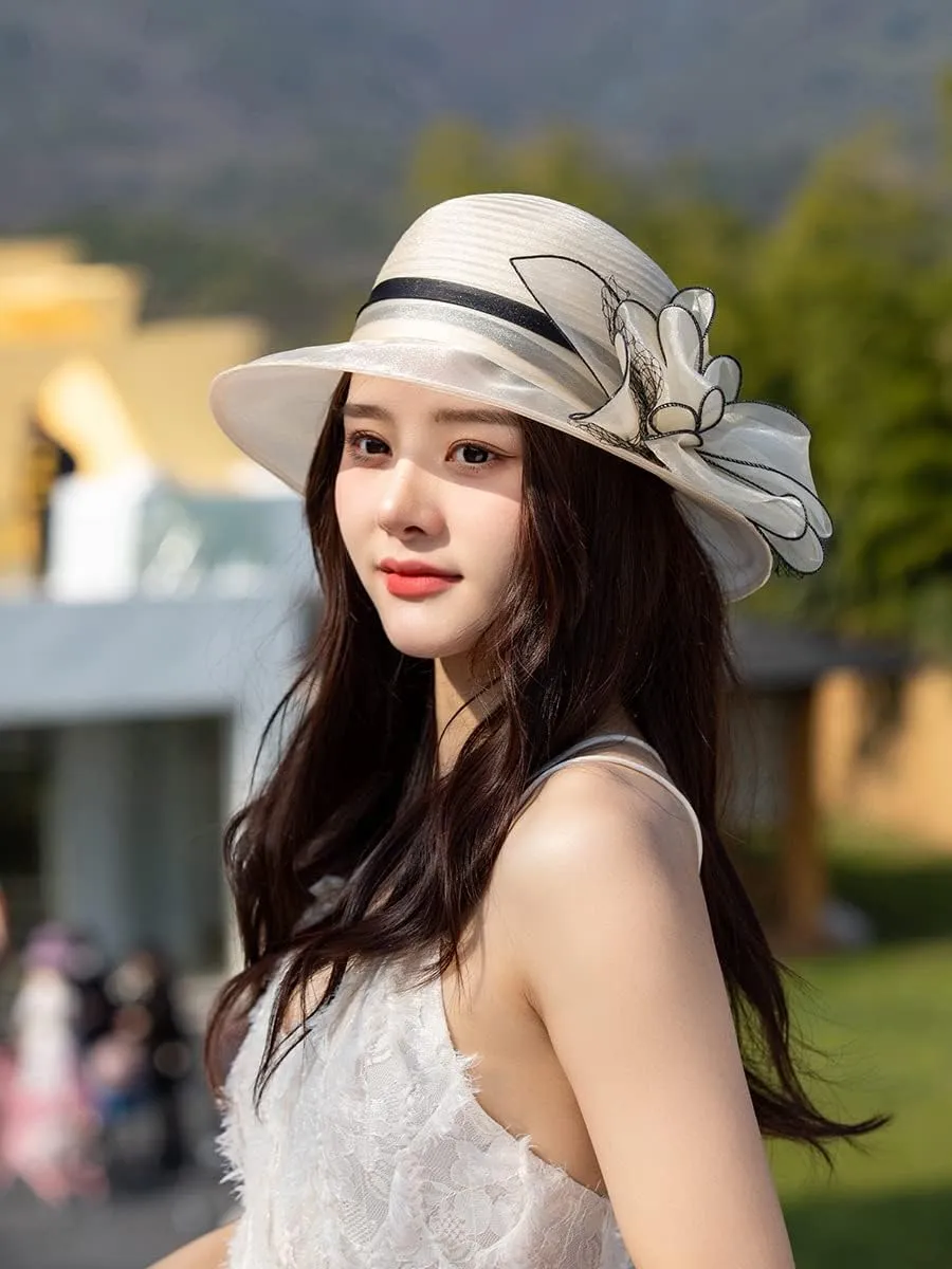 Women Kentucky Organza Derby Hat - Wide Brim Summer Sun Hat for Bridal Wedding Church Tea Party