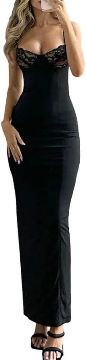 Women See Through Lace Dress Y2k Sexy Sheer Mesh Bodycon Long Dress Spaghetti Strap Sleeveless Cover Up Maxi Dress