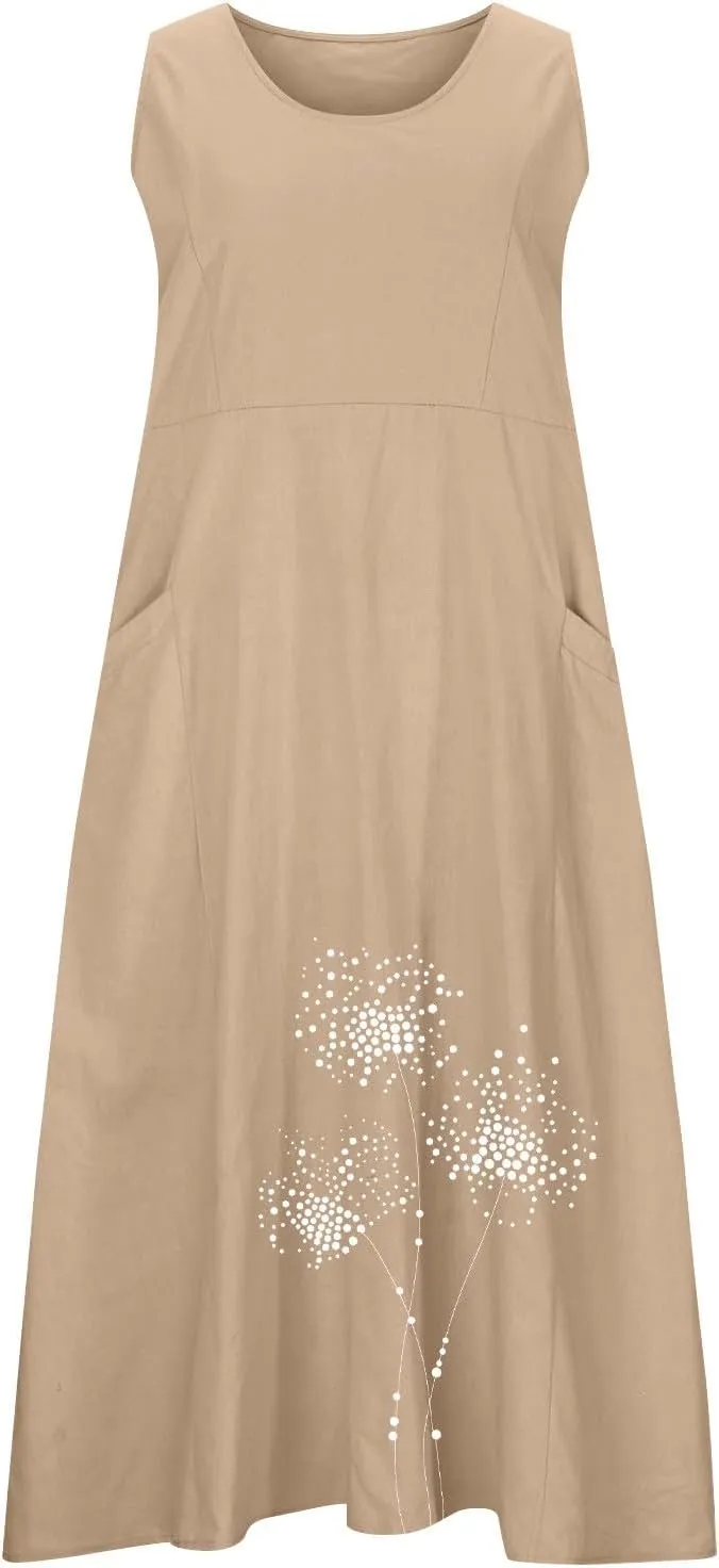Women Summer Linen Dresses Casual Long Sun Dress Comfy Floral Maxi Dresses Trendy Summer Beach Outfits with Pocket