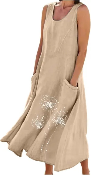 Women Summer Linen Dresses Casual Long Sun Dress Comfy Floral Maxi Dresses Trendy Summer Beach Outfits with Pocket