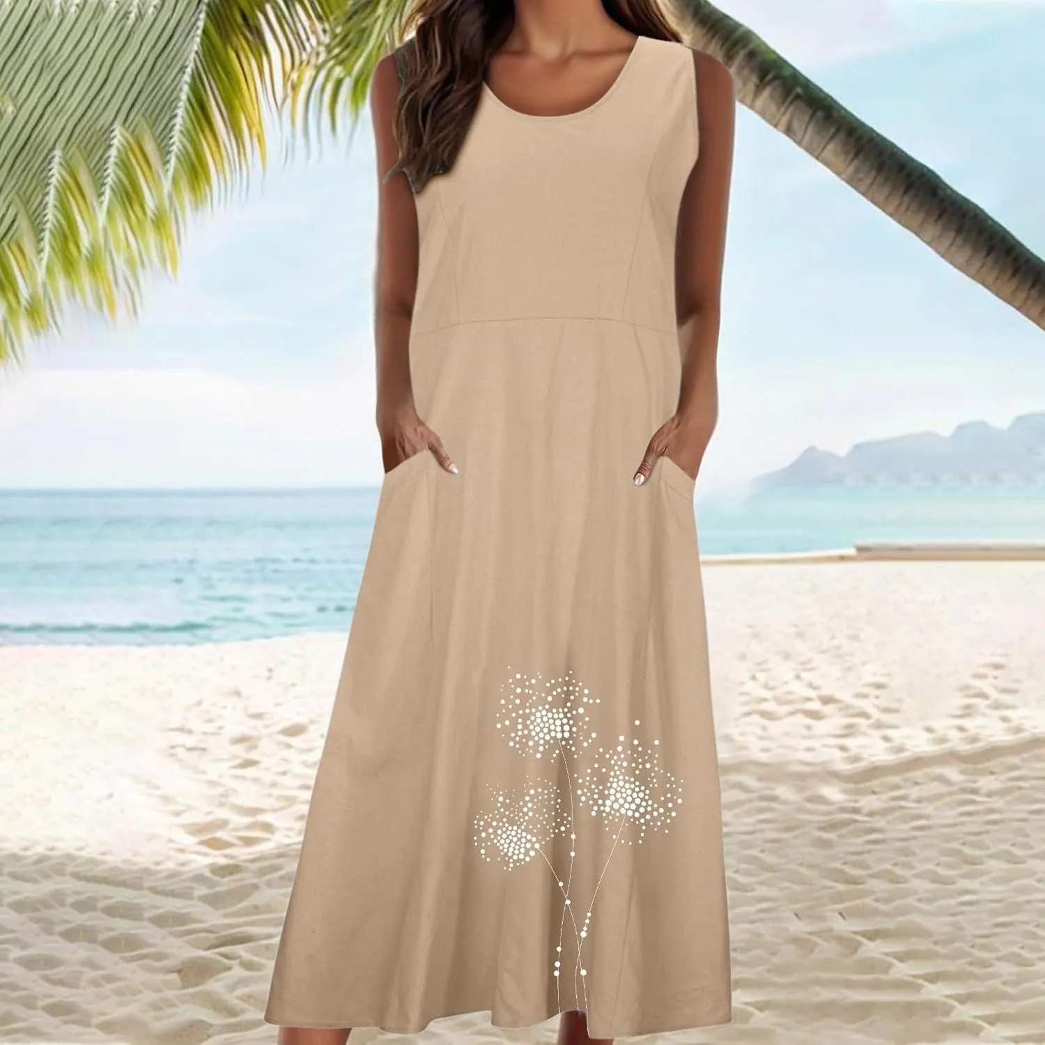 Women Summer Linen Dresses Casual Long Sun Dress Comfy Floral Maxi Dresses Trendy Summer Beach Outfits with Pocket