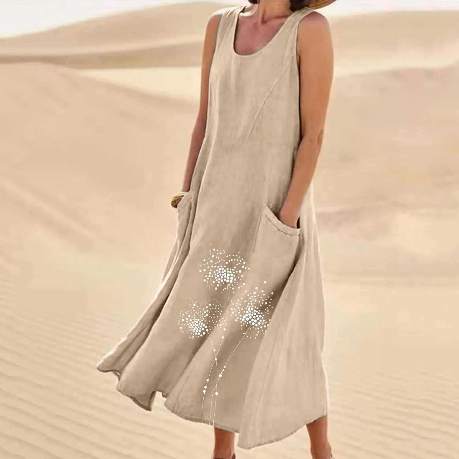 Women Summer Linen Dresses Casual Long Sun Dress Comfy Floral Maxi Dresses Trendy Summer Beach Outfits with Pocket