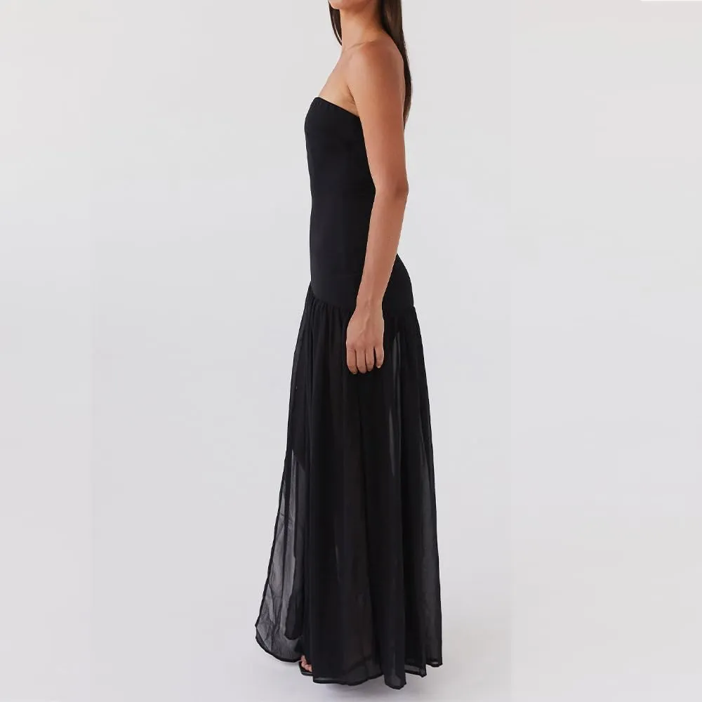 Women Tube Top Dress Tiger Stripe Mesh Patchwork Maxi Dress Strapless Sexy High Slit Long Dresses Party Clubwear
