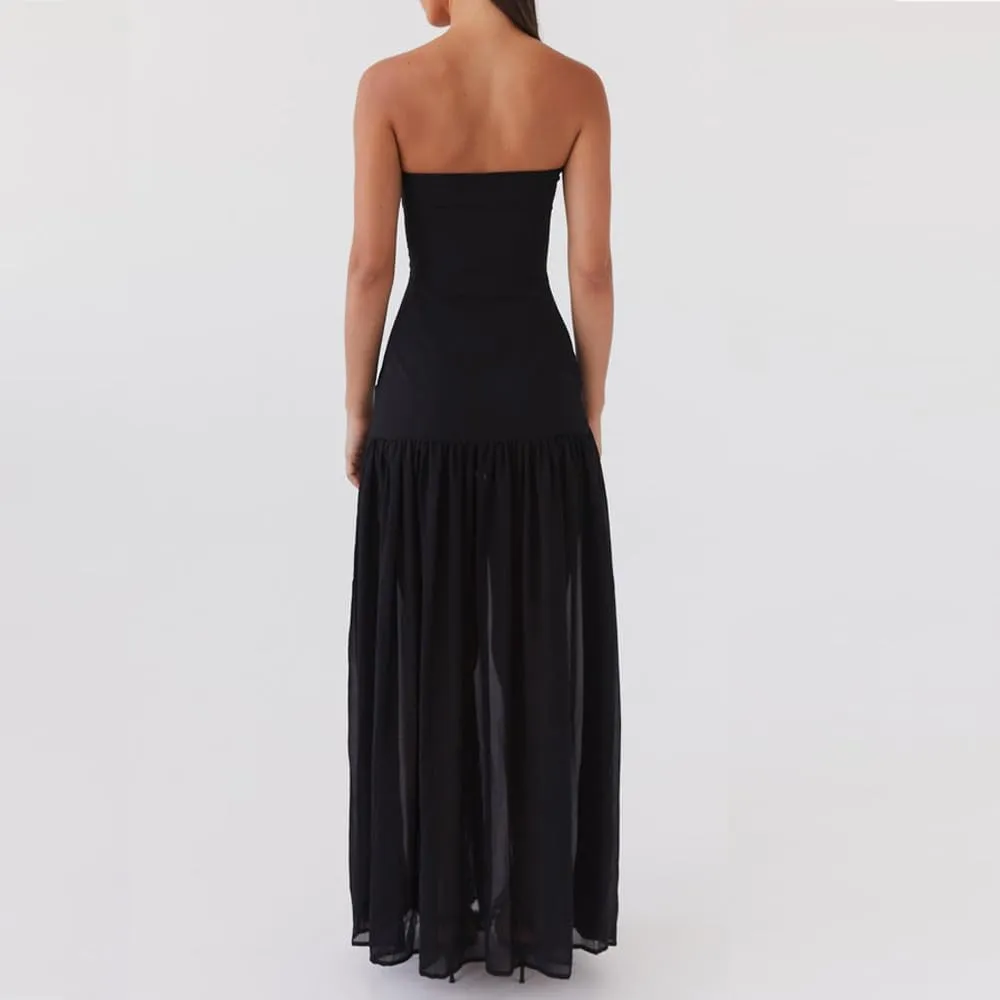 Women Tube Top Dress Tiger Stripe Mesh Patchwork Maxi Dress Strapless Sexy High Slit Long Dresses Party Clubwear