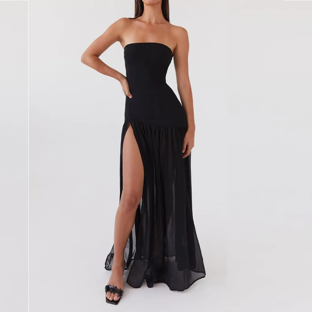 Women Tube Top Dress Tiger Stripe Mesh Patchwork Maxi Dress Strapless Sexy High Slit Long Dresses Party Clubwear
