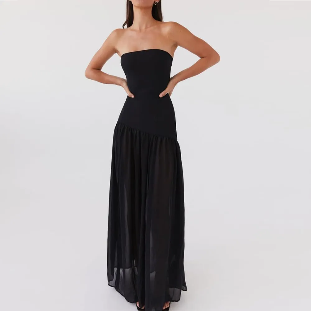 Women Tube Top Dress Tiger Stripe Mesh Patchwork Maxi Dress Strapless Sexy High Slit Long Dresses Party Clubwear