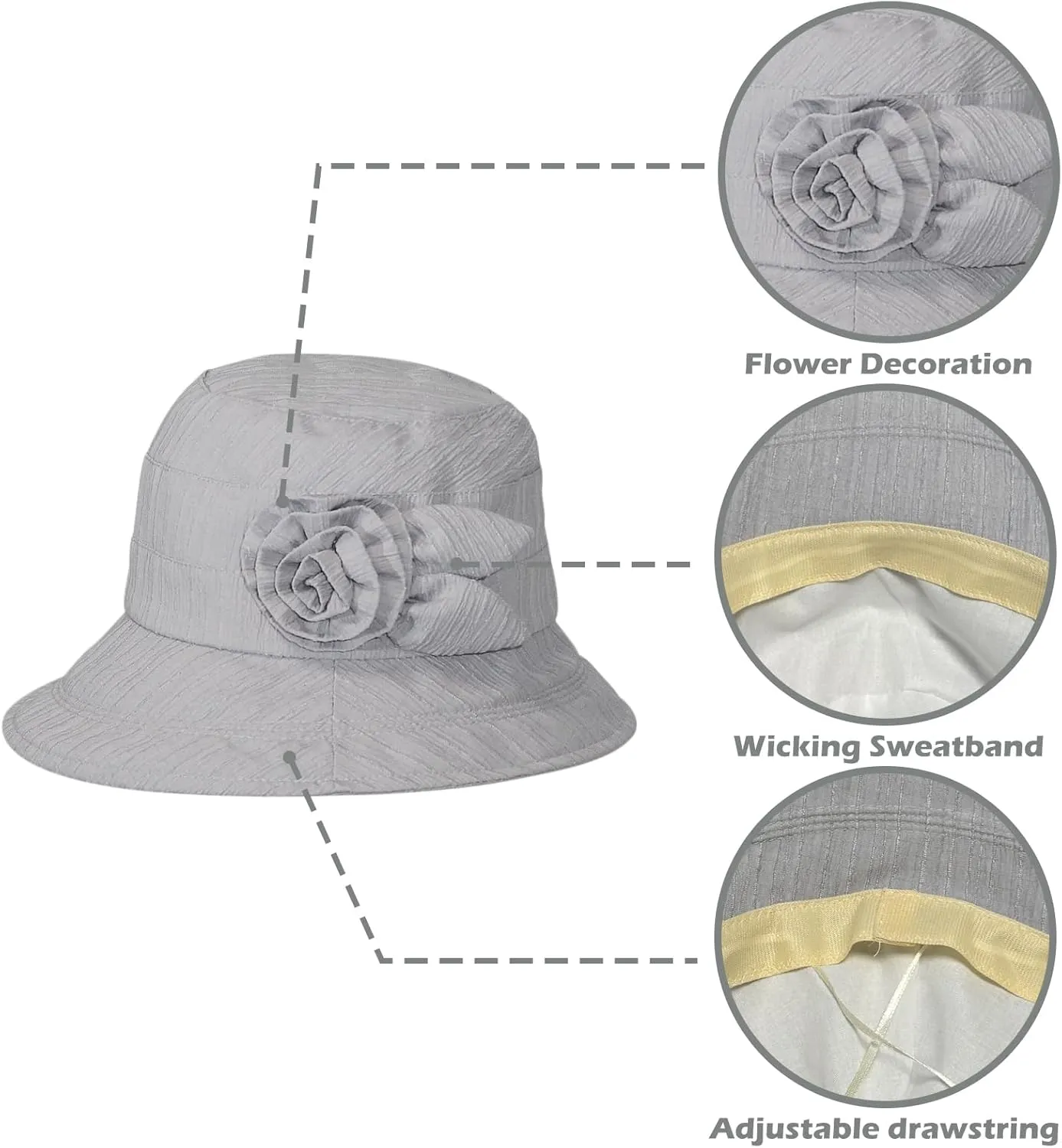 Women's Foldable Floral Bucket Hat Wide Brim Derby Church Wedding Fascinators Cloche Bowler Sun Hat