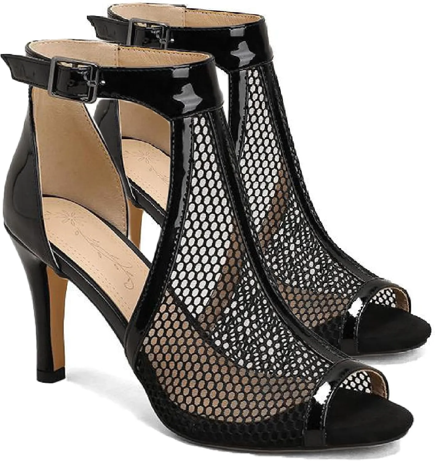 Women's Leather Mesh Fish Mouth Hollow Stilettos Sandals Summer Pointed Open Toe Adjustable Ankle Strap Kitten Heel Gladiator Sandal Booties Solid Color Fashion Party Sandals