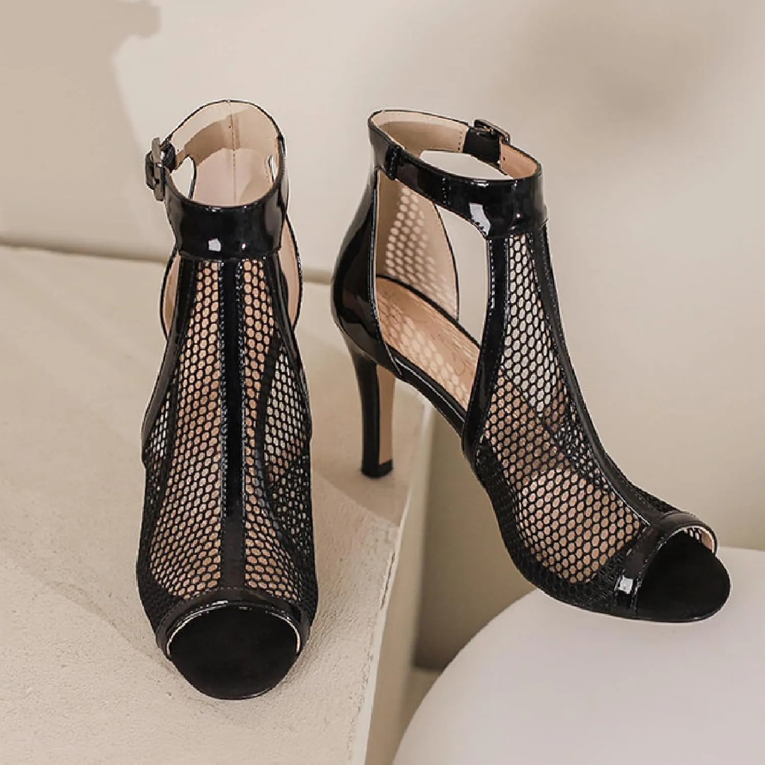 Women's Leather Mesh Fish Mouth Hollow Stilettos Sandals Summer Pointed Open Toe Adjustable Ankle Strap Kitten Heel Gladiator Sandal Booties Solid Color Fashion Party Sandals