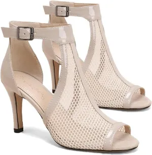 Women's Leather Mesh Fish Mouth Hollow Stilettos Sandals Summer Pointed Open Toe Adjustable Ankle Strap Kitten Heel Gladiator Sandal Booties Solid Color Fashion Party Sandals