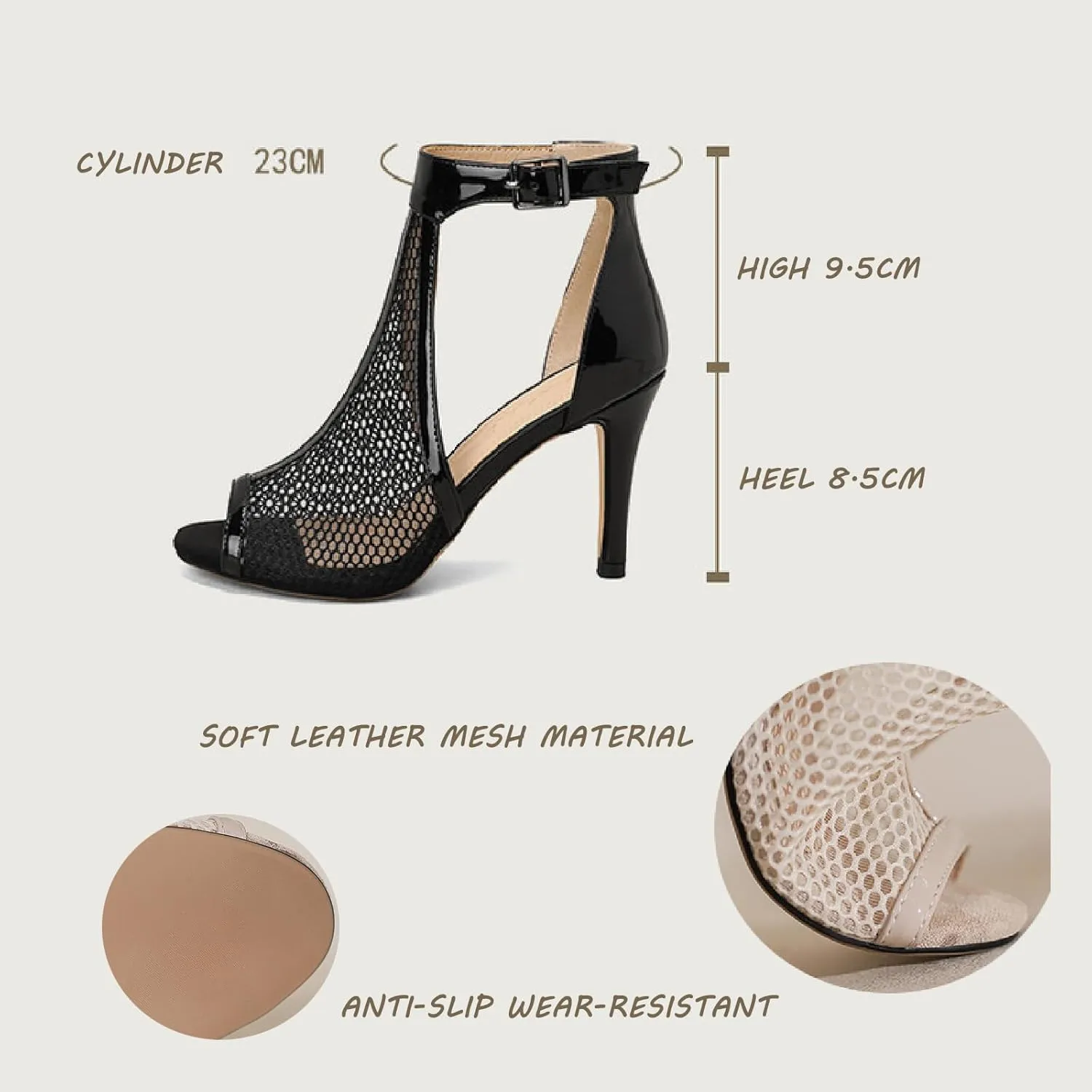 Women's Leather Mesh Fish Mouth Hollow Stilettos Sandals Summer Pointed Open Toe Adjustable Ankle Strap Kitten Heel Gladiator Sandal Booties Solid Color Fashion Party Sandals