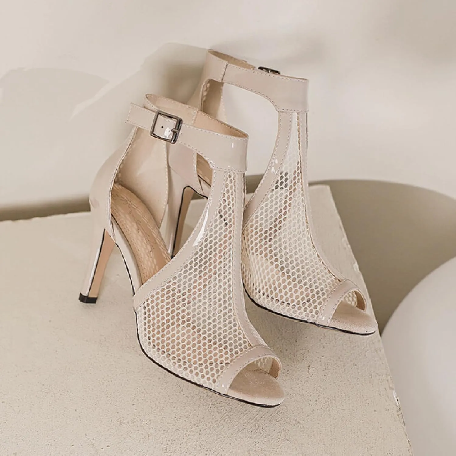 Women's Leather Mesh Fish Mouth Hollow Stilettos Sandals Summer Pointed Open Toe Adjustable Ankle Strap Kitten Heel Gladiator Sandal Booties Solid Color Fashion Party Sandals