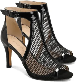 Women's Leather Mesh Fish Mouth Hollow Stilettos Sandals Summer Pointed Open Toe Adjustable Ankle Strap Kitten Heel Gladiator Sandal Booties Solid Color Fashion Party Sandals