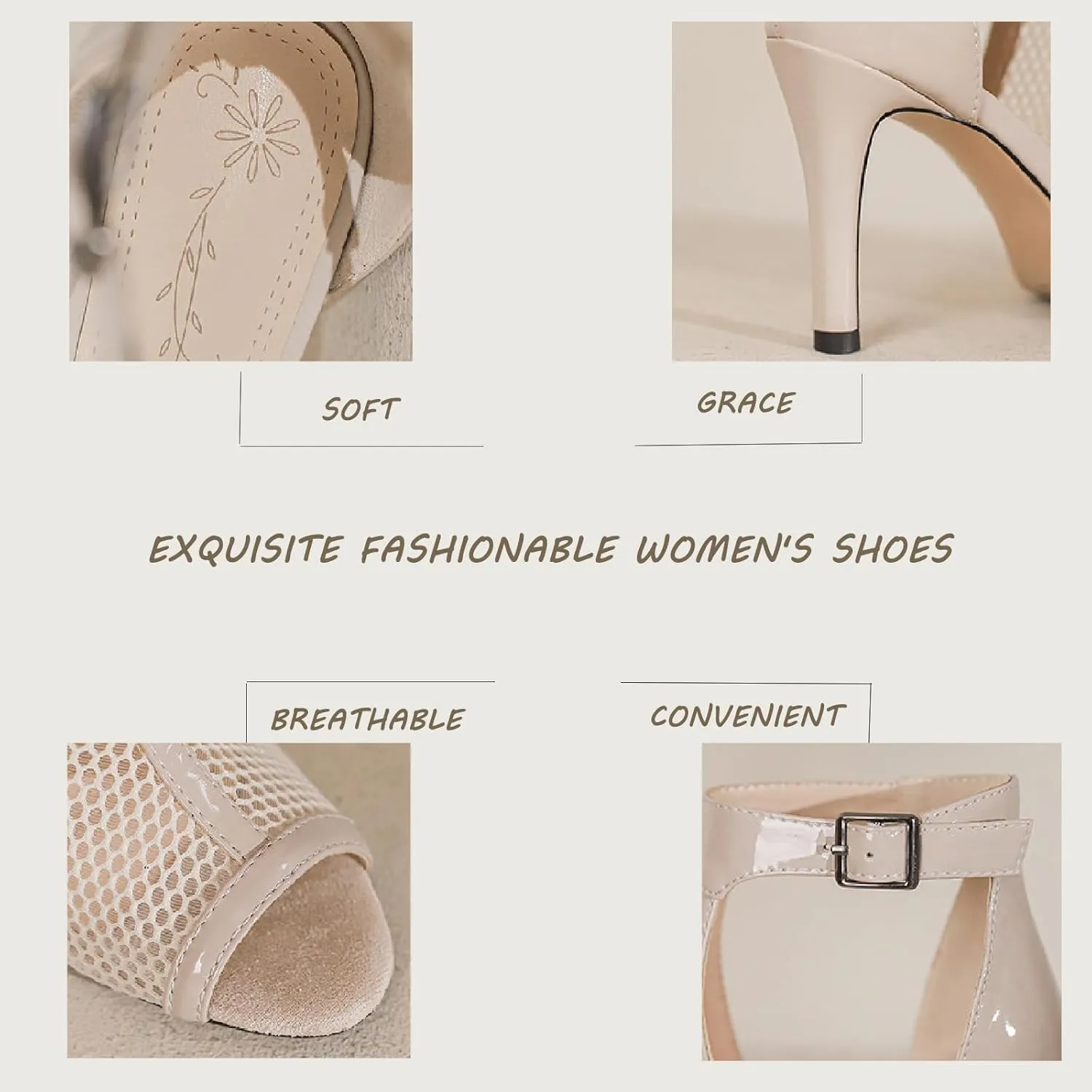 Women's Leather Mesh Fish Mouth Hollow Stilettos Sandals Summer Pointed Open Toe Adjustable Ankle Strap Kitten Heel Gladiator Sandal Booties Solid Color Fashion Party Sandals