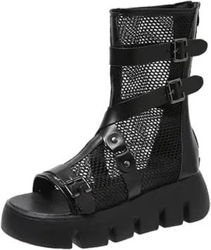 Women's Leather Mesh Hollow Fish Mouth Platform Gladiator Sandals Summer Comfortable Breathable Open Toe High Top Back Zipper Wedge Sole Fisherman Y2k Sandals With Metal Buckle Decor