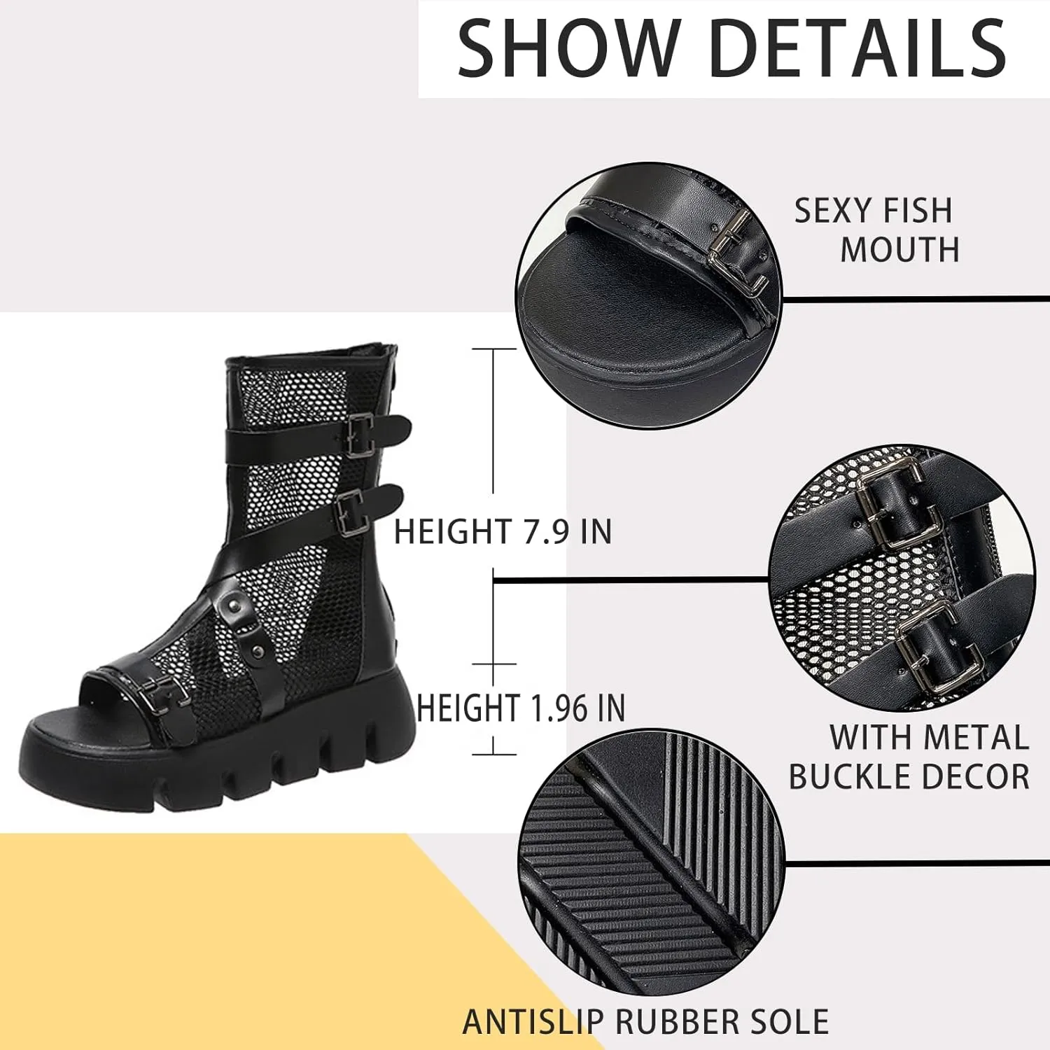 Women's Leather Mesh Hollow Fish Mouth Platform Gladiator Sandals Summer Comfortable Breathable Open Toe High Top Back Zipper Wedge Sole Fisherman Y2k Sandals With Metal Buckle Decor