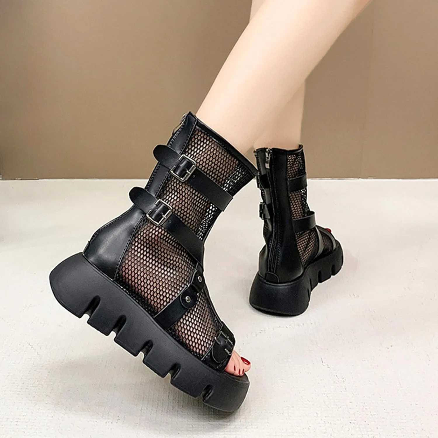 Women's Leather Mesh Hollow Fish Mouth Platform Gladiator Sandals Summer Comfortable Breathable Open Toe High Top Back Zipper Wedge Sole Fisherman Y2k Sandals With Metal Buckle Decor