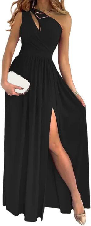 Womens Sexy One Shoulder Cutout Ruched Pleated Sleeveless High Slit Chiffon Maxi Long Formal Evening Party Dress