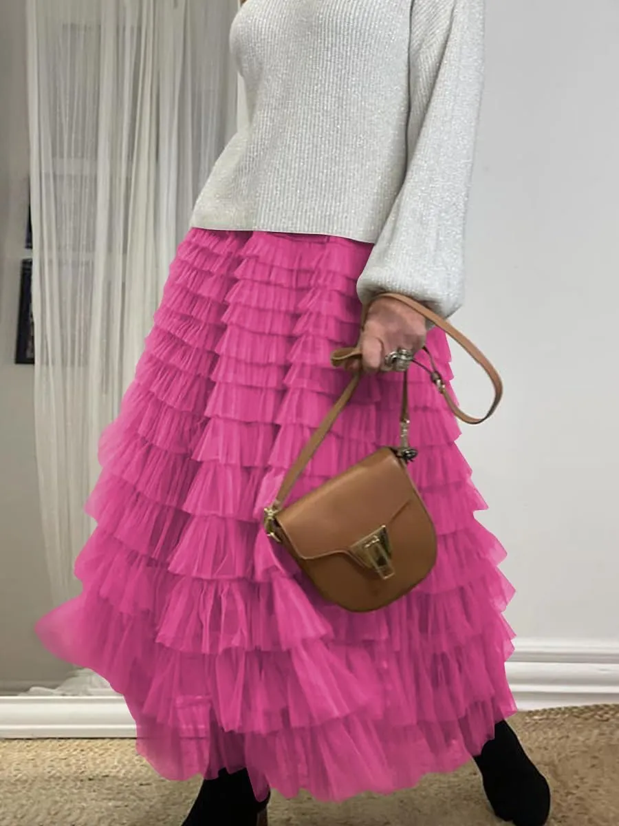 Women's Tulle Skirts Trendy Elastic Waist Layered Mesh Long Skirt A-Line Ruffles Fairy Skirts
