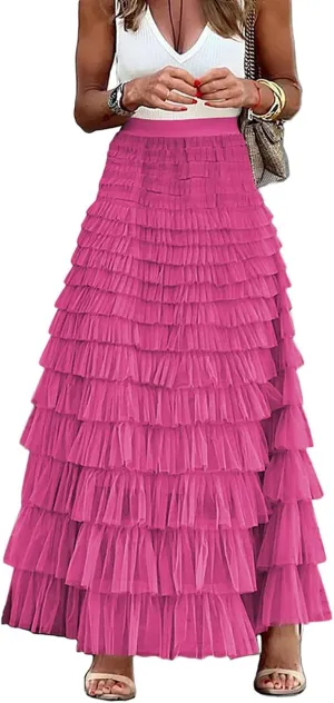 Women's Tulle Skirts Trendy Elastic Waist Layered Mesh Long Skirt A-Line Ruffles Fairy Skirts