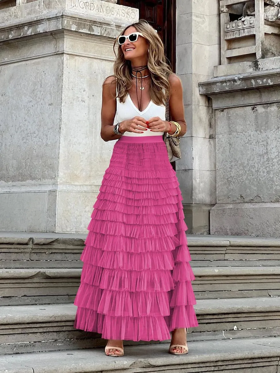 Women's Tulle Skirts Trendy Elastic Waist Layered Mesh Long Skirt A-Line Ruffles Fairy Skirts