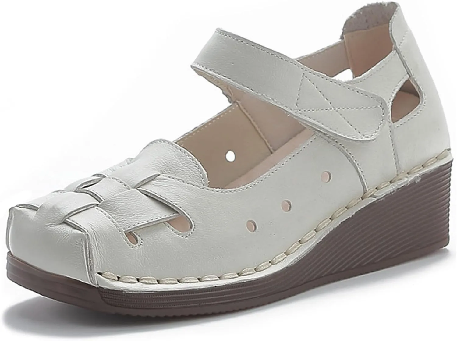 Women's Woven Leather Closed Toe Wedge Sandals,Adjustable Hook and Loop Handmade Comfortable Non-slip Oxford Soft Sole Walking Sandals Summer Vintage Dress Sandals