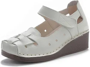Women's Woven Leather Closed Toe Wedge Sandals,Adjustable Hook and Loop Handmade Comfortable Non-slip Oxford Soft Sole Walking Sandals Summer Vintage Dress Sandals