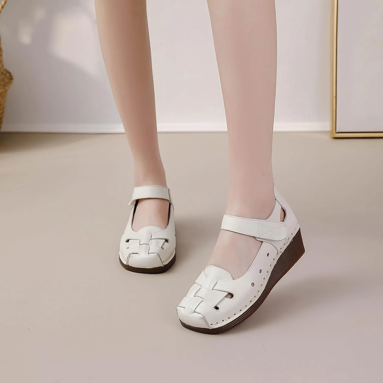 Women's Woven Leather Closed Toe Wedge Sandals,Adjustable Hook and Loop Handmade Comfortable Non-slip Oxford Soft Sole Walking Sandals Summer Vintage Dress Sandals