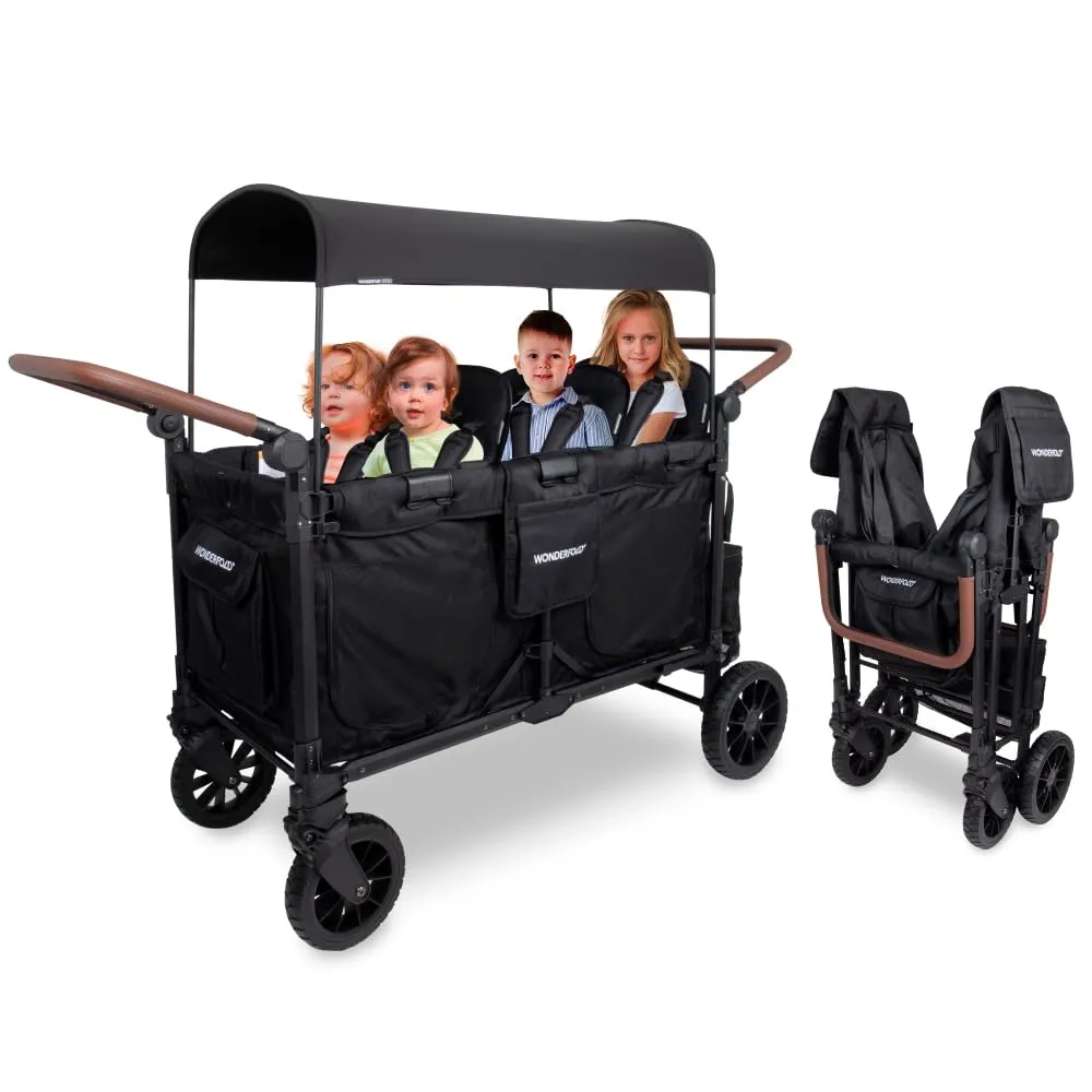 WONDERFOLD W6 Luxe Pro Stroller Wagon (6 Seater) - Collapsible Wagon Stroller with Seats Featuring 5-Point Safety Harnesses and Adjustable Sun Canopy, Jet Black