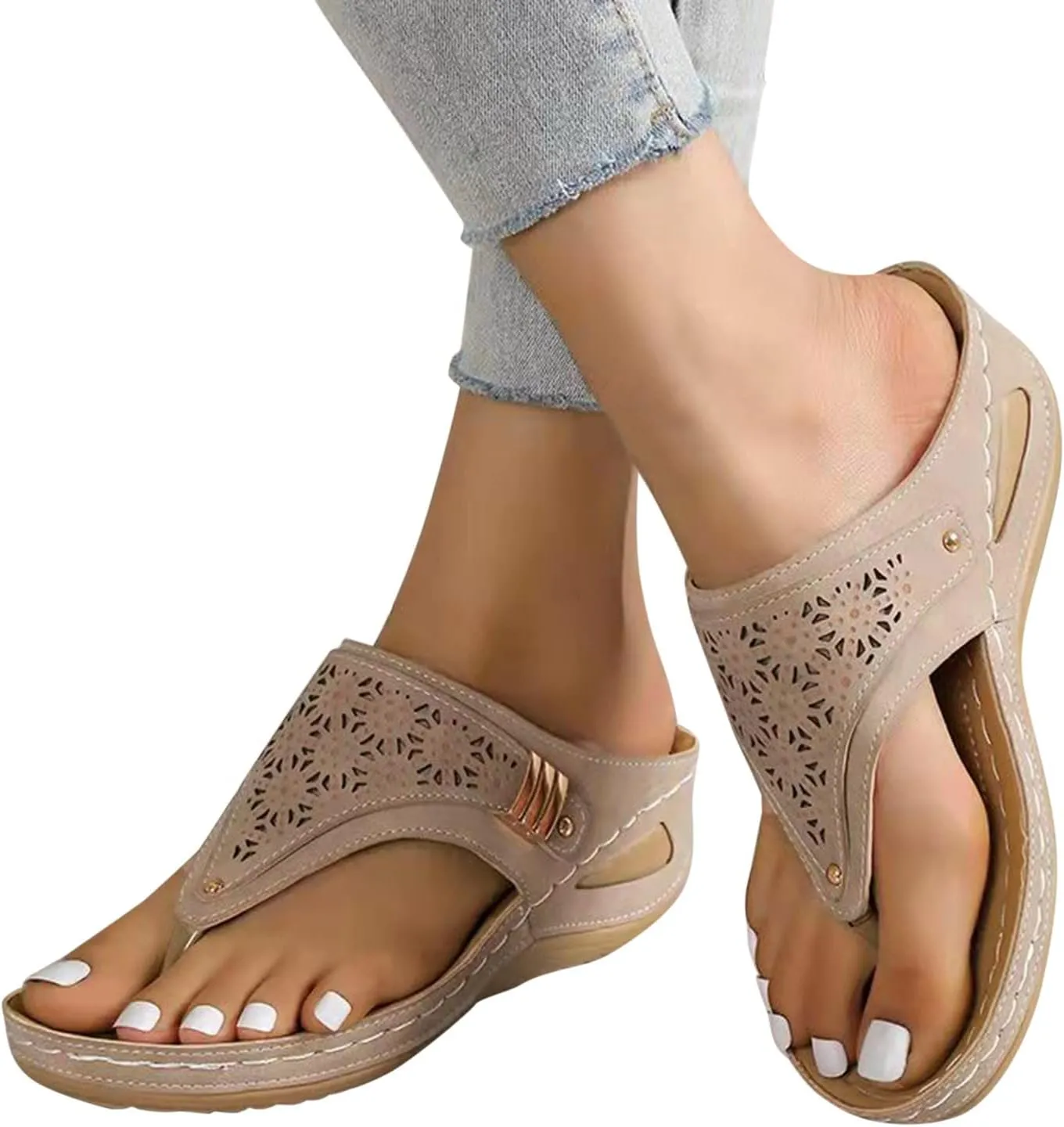 Work Sandals for Women 2025 Solid Color Leather Hollowed Out Carved Slippers Toe Clip Thick Sole Sandal for Ladies